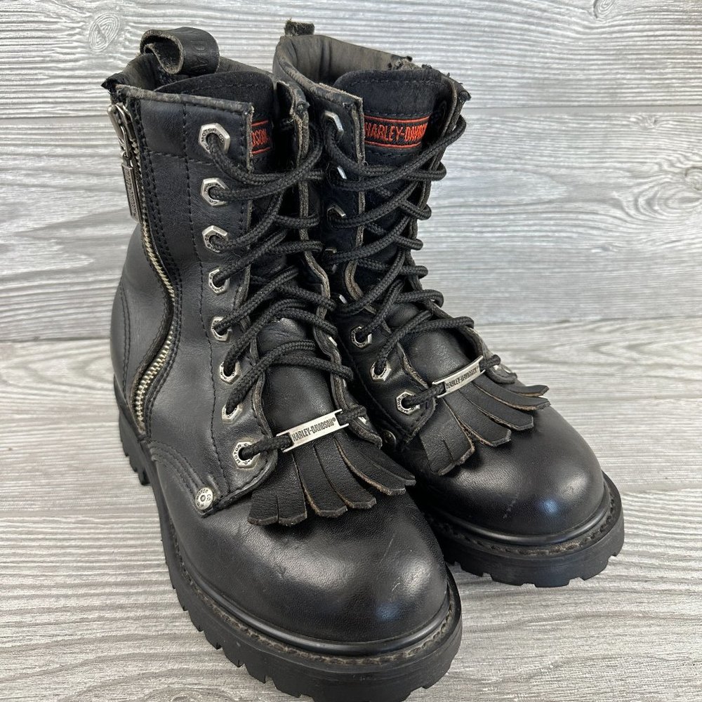 Harley Davidson Motorcycle Biker Boots Women's 6 Black  Leather Lace Up Side Zip